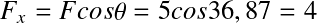&Eacute;quation en notation Latex&nbsp;: F_x = F cos \theta = 5cos36,87 = 4